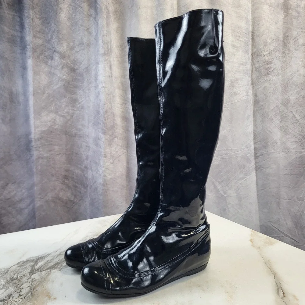 Lanvin Patent Leather Knee High Back Zip Boots Dark Blue Women's Size 6